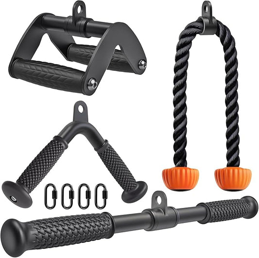 SELEWARE Triceps LAT Pulldown Attachments Home Gym Workout Accessories with Non-Slip Soft Rubber Grip Cable Machine Attachments Triceps Rope Double D Row Handle Pull Down Bar Straight Bar Exercise
