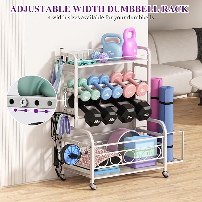 400LBS Dumbbell Rack, VOPEAK Adjustable Weight Rack for Home Gym, Home Gym Storage Rack for Yoga Mat Kettlebells and Strength Training Equipment, Weight Storage Rack for Dumbbells with Wheels