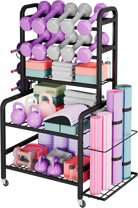 Homeiju Dumbbell Rack, Weight Rack for Home Gym, Yoga Mat Storage Holder with Lockable Wheels, Dumbbell Stand with Hooks, All in One Work out Equipment Storage for Yoga Mat Dumbbell and Balls