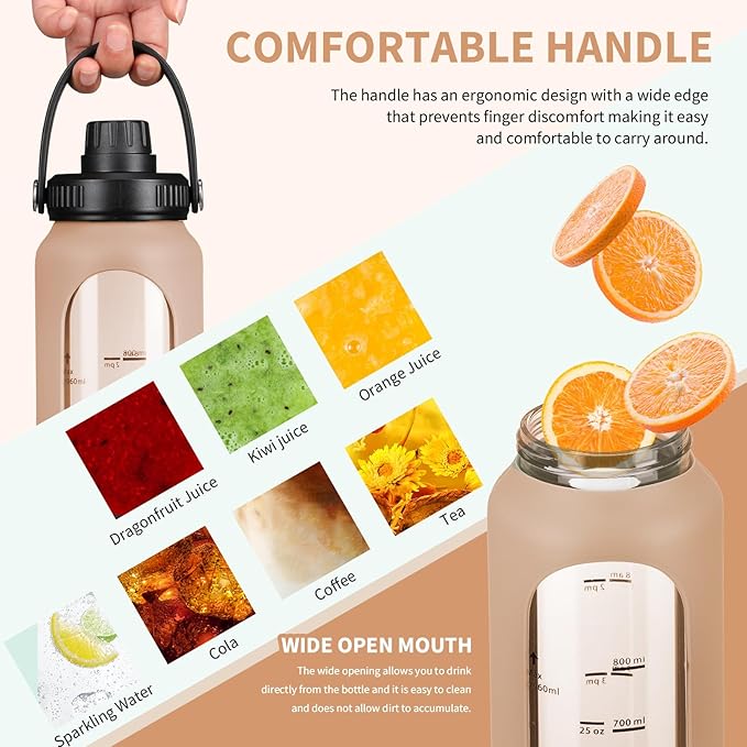 32 oz Glass Water Bottles with 2 Lids-Handle Spout Lid & Straw Lid 1 Liter Motivational Borosilicate Water Bottle with Silicone Sleeve and Time Marker,Leakproof