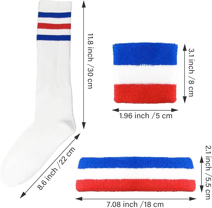 10 Pieces Striped Sweatbands and Striped Socks Set Headbands Wrist Sweat Bands for Men and Women Sports 80s 90s Fitness