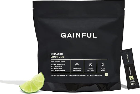 Gainful Hydration Powder Packets, Caffeine Free with Key Electrolytes Magnesium and Sodium, Energy Support, Low Sugar, Lemon Lime, 21 Sticks
