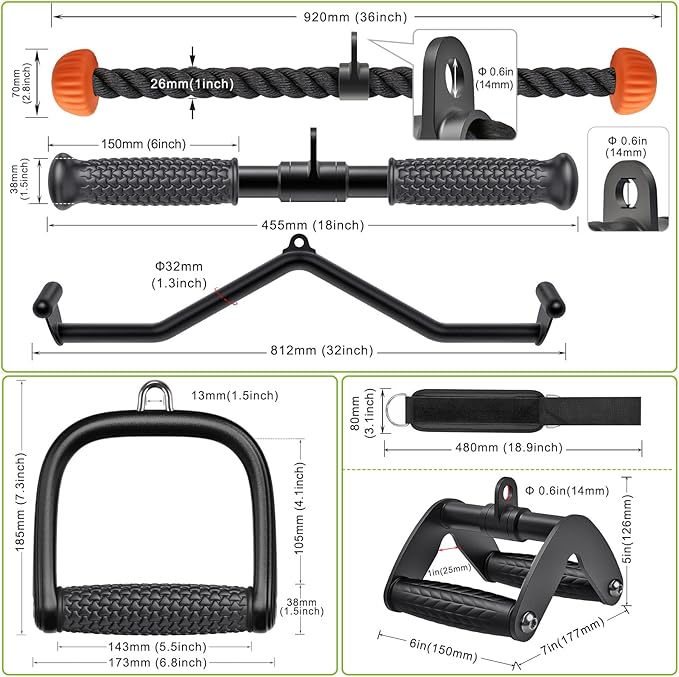 SELEWARE Triceps LAT Pulldown Attachments Home Gym Workout Accessories with Non-Slip Soft Rubber Grip Cable Machine Attachments Triceps Rope Double D Row Handle Pull Down Bar Straight Bar Exercise