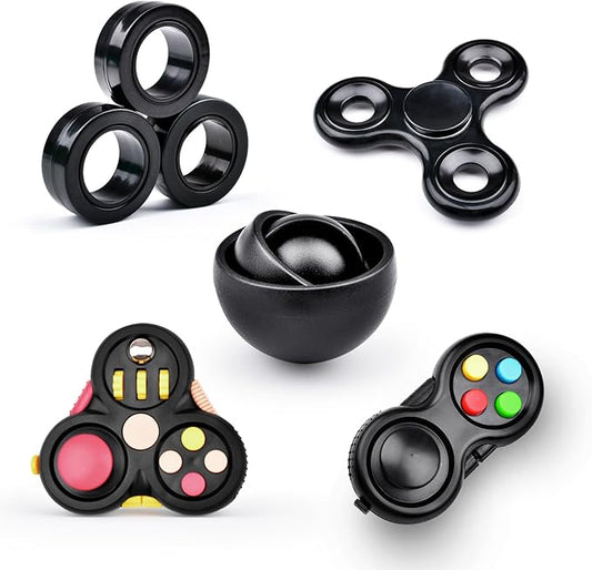 Fidget Toys Adults Pack 5Pcs,Fidget Spinner with Magnetic Rings Gyro,Fidget Controller Autism Sensory Toys,ADHD Stress Anxiety Desk Fidgets,Easter Basket Stuffers for Kids Teen Boys(BK)