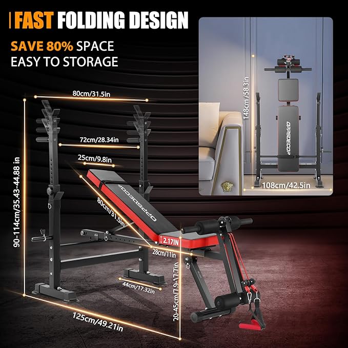 OPPSDECOR 600LBS 6 in 1 Weight Bench Set, Adjustable Bench Press Set and Squat Rack, Foldable Workout Benches for Home Gym, Incline Decline Flat Sit Up Strength Training Bench
