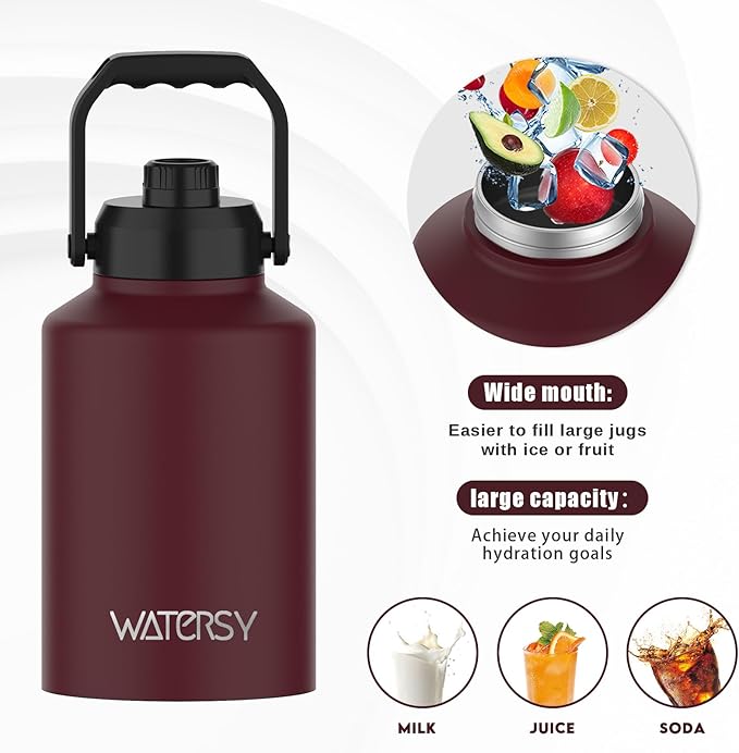 1 Gallon Water Bottle Insulated(Cold for 48 Hrs),BPA Free&Leak Proof,128oz Stainless Steel Water Jug,Big thermo,Large Water Bottle with Handle for Gym,Hiking,Camping&Travel,Brick Red