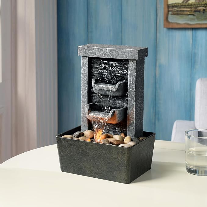 GOSSI Home Décor 10.3 in Indoor Waterfall Fountain Relaxation High Pressure Water Pumps Tabletop Fountain Nature Feeling Water Fountains with Reflective Lighting/River Rocks Home/Office Decoration