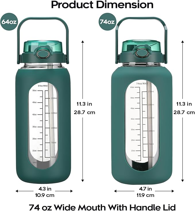 74 oz Glass Water Bolttles with Straw Large Motivational Water Bottle with Time Marker Sports Water Bottles with Silicone Sleeve and Handle Lid 2.2L Water Jug for Gym Workout