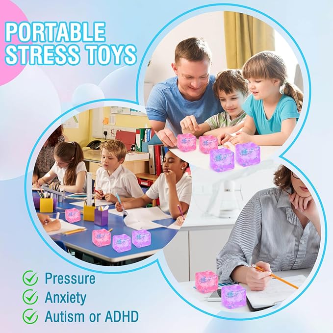 Fidget Toy for All Ages: 2 Pack Soft Sensory Fidget Ice Cube Stress Ball Squishy Cube Stress Relief Toys for Kids, Teens and Adults Party Favors, Birthday Gift for Kids Age 3+, Purple Pink
