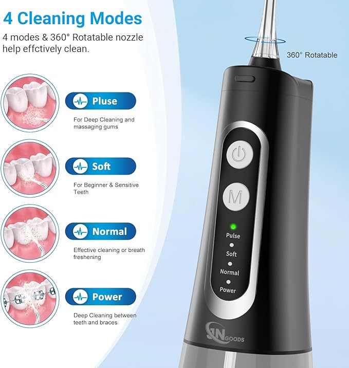 Cordless Water Dental Flosser oral irrigator,JNGOODS 300ml Rechargeable water flosser for teeth IPX7 Waterproof 4 Modes portable Oral Irrigator with 4 jet tips, Travel Home use (Black)
