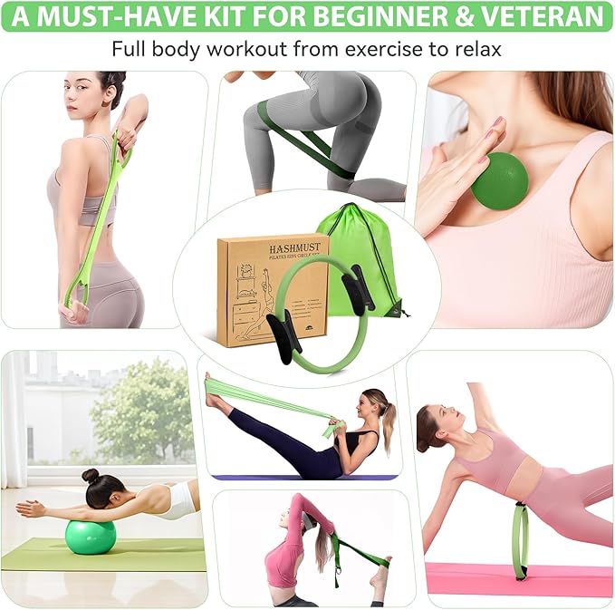 HASHMUST Pilates Ring Kit 12 PCS for Women, Home Workout Equipment with Magic Circle, Mini Exercise Ball, Resistance Bands, Massage Lacrosse, Yoga Strap, Full-Body Fitness Set for Toning & Gift