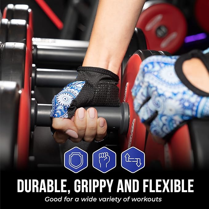 5387 Womens Design Series Paisley Print Lifting & Rowing Gloves (Pair) - Lightweight Vegan Medium Padded Microfiber Amara Leather w/Griplock Silicone