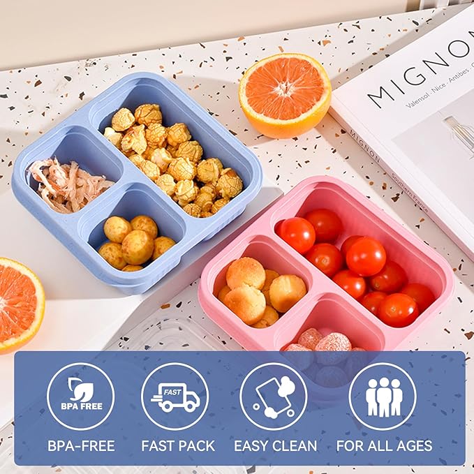 3 Compartment Snack Containers, 4 Pack Reusable Wheat Bento Snack Boxes, Stackable Divided Food Meal Prep Containers for Work, Travel (Green/Blue/PK/Beige, 3 Compartments)