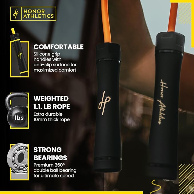 Honor Athletics - WEIGHTED 1.1lb HEAVY Jump Rope for High-Intensity and Strength Training - Adjustable 10ft PVC Rope with Ergonomic Grip, Ideal for Boxing, CrossFit, Muay Thai, MMA, and Fitness