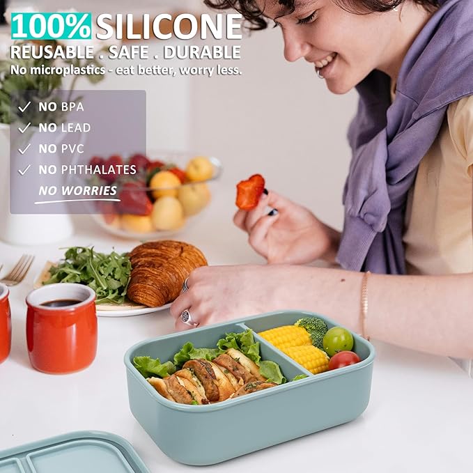 100% Silicone Bento Box Adult with 2 Compartments, 32oz, Reusable Divided Lunch Box Meal Prep Containers for Entree and Side Food Snack Storage, BPA-Free Plastic-Free, Microwave Dishwasher safe, Green