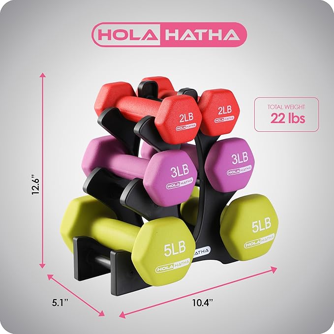 HolaHatha 2, 3, 5, 8, and 10 Pound Neoprene Dumbbell Free Hand Weight Set with Rack, Ideal for Home Exercises to Gain Tone and Definition, Pastel