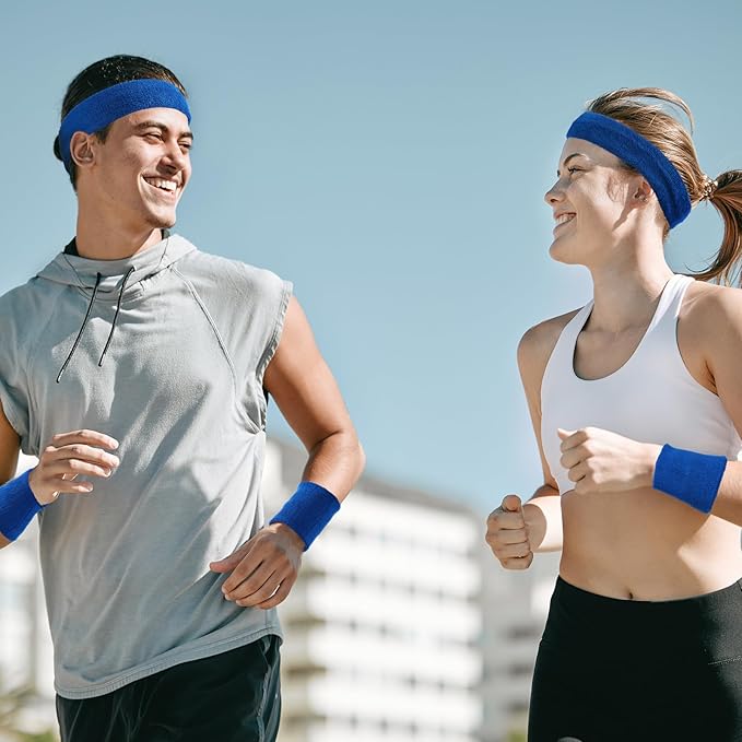 24 Pieces 80s Neon Sweatbands Set, Include 8 Sports Headbands and 16 Sweat Wristbands Elastic Athletic Tennis Sweat Bands Bulk for Man Woman