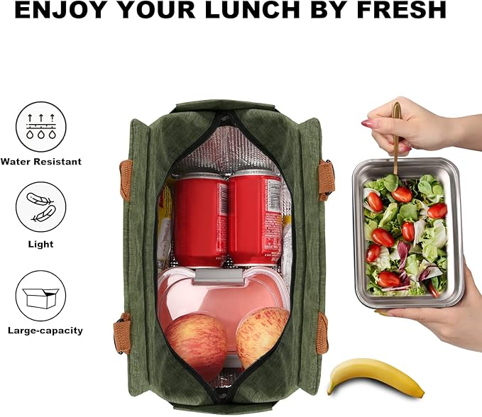 Joymee Lunch Bag Women Insulated Lunch Box with Adjustable Shoulder Strap Large Reusable Leakproof Spacious Cooler Tote for Women Men Adult with Bottle Holder and Side Pockets - Green