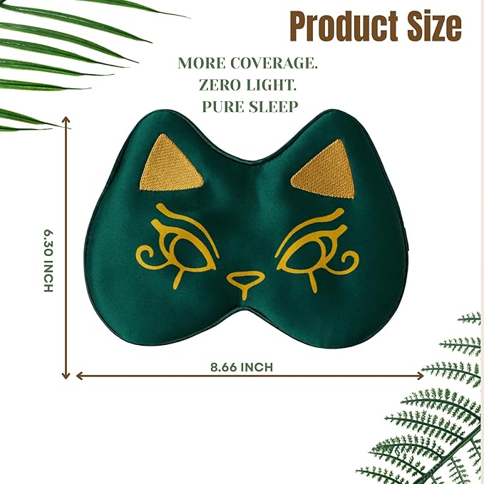 Silk Sleep Mask Blindfold Eye Mask for Sleep Cute Cat Print Embroidered Eye Cover Adjustable Oversized Egyptian Bastet with Gift Box&Pouch(Osiris Green-Elastic Strap)