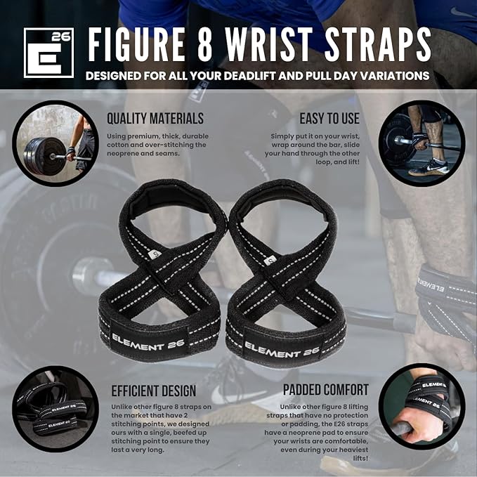 Element 26 Padded Figure 8 Lifting Straps - Weightlifting Straps - Figure 8 Straps - Wrist Straps for Men, Women, Weight Lifting, Deadlifts - Deadlifting Straps