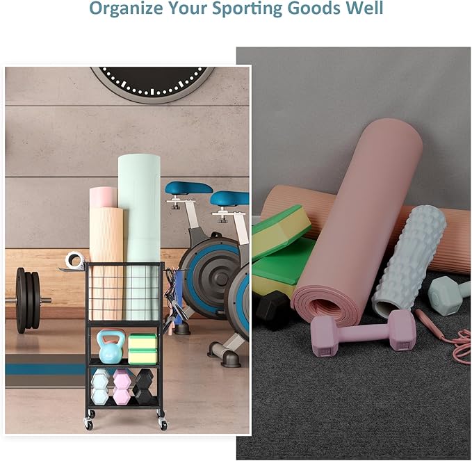 Weight Rack for Home Gym Dumbbells Yoga Mat Storage Rack Cart Small Metal Wood Home Gym Workout Equipment Storage with Hooks for Yoga Block Foam Rollers Resistance Bands