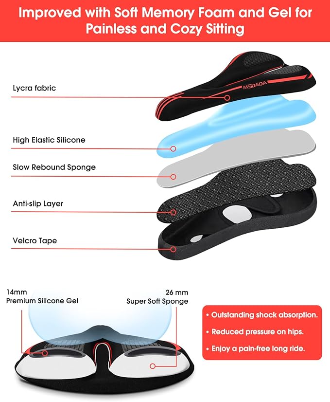 MSDADA Bike Seat Cushion Gel Padded Bike Seat Cover for Men & Women Comfort - Soft Bicycle Seat Cushion for Outdoor, Exercise/Spin/Stationary/Mountain/Road Bikes
