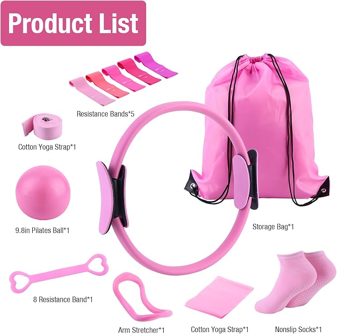 ASIEIT Home Pilates Kit for Women, Pilates Ring and Ball Set with 5 Resistance Bands, 9.8β Ball, 14.96'' Magic Circle, Pilates Equipment Set for Strength, Toning and Flexibility