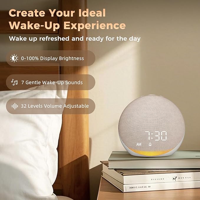 Sound Machine Alarm Clock for Bedroom: 25 Natural Sleep Sounds - White Noise Machine for Adults Kids Baby - Gentle Wake Up Alarm with Bluetooth Speaker - Putty