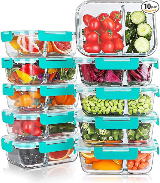 KOMUEE 10 Packs 30oz Glass Meal Prep Containers 2 Compartments,Glass Food Storage Containers with Lids,Airtight Glass Lunch Bento Boxes,Oven,Freezer and Dishwasher Safe, Green