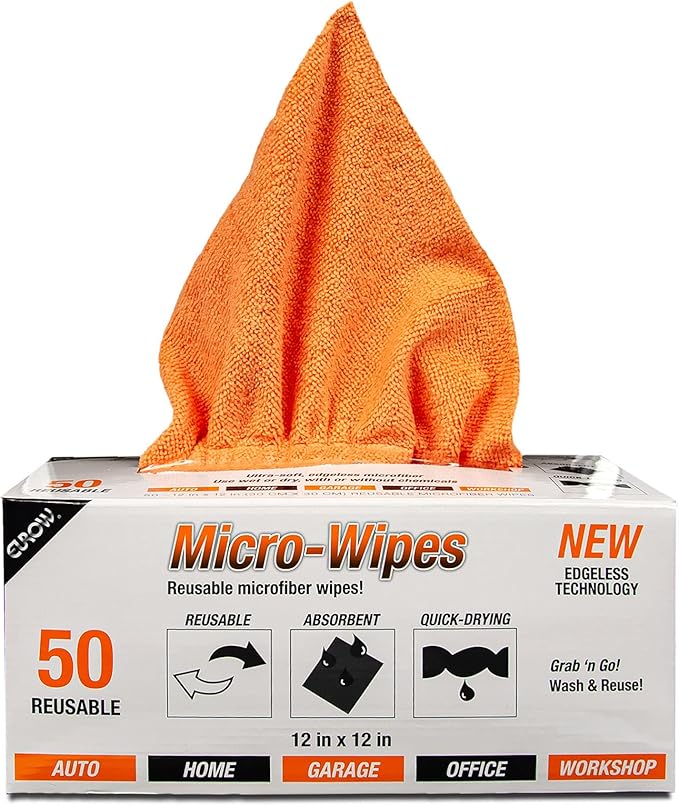 Eurow 200GSM Microfiber Cleaning and Drying Cloths with Dispenser Box, Reusable, Streak-Free, Scratch-Free, Ultra Absorbent, Edgeless for All Surface Types, 12x12in, 50-Pack, Orange