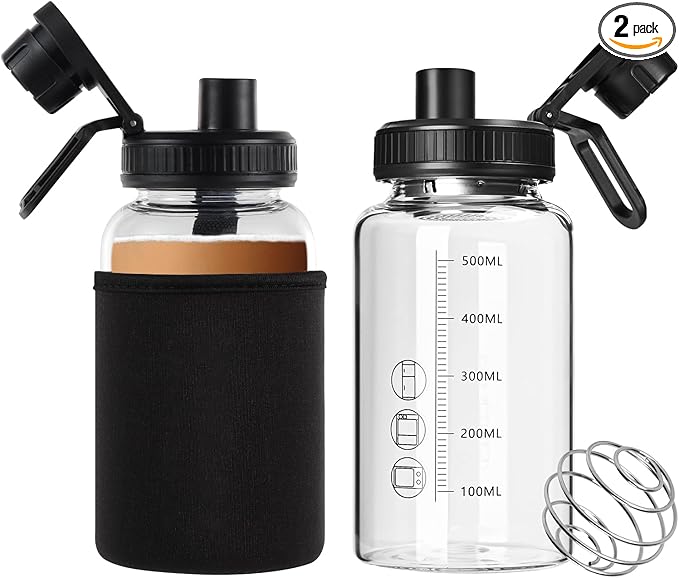 Glass Shaker Bottle, 2 Pack 22oz BPA-Free Odorless Shaker Bottle with 304 Stainless Steel Ball and Removable Cleaning Brush for Fitness Protein Mixes