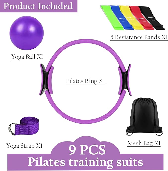 Pilates Ring Set – Magic Circle with Dual Padded Handles, Mini Exercise Ball & 5 Resistance Bands | Pilates Kit for Women | Home Workout Equipment for Full-Body Training & Fitness Set
