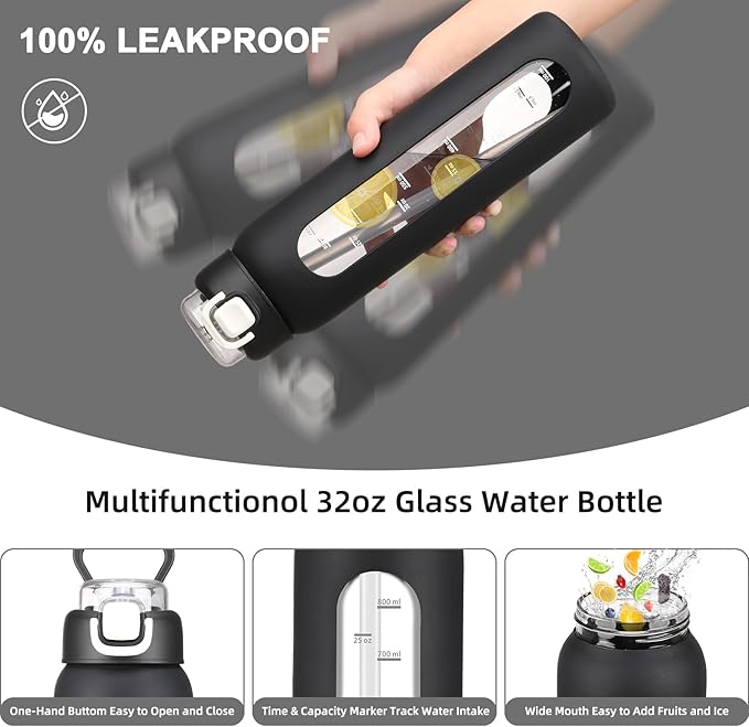 32 oz Glass Water Bottles with 2 Lids-Handle Spout Lid & Straw Lid, 1 Liter Motivational Borosilicate Water Bottle with Time Marker and Silicone Sleeve,Leakproof-Black-1 Pack