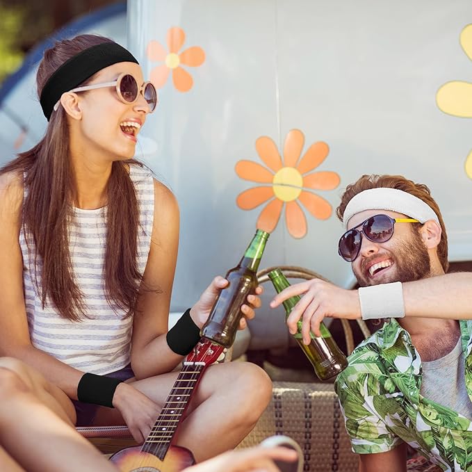 SATINIOR 8 Sets 80s Sweat Band and Wristband Sports Neon Headbands Exercise Sweatbands Gym Wristbands for Men Women Sports Activities(Black, White)