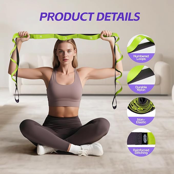 Stretching Strap with Loops - Non Elastic Yoga Straps for Physical Therapy, Durable Stretch Bands for Exercise, Flexibility Training, Hamstring & Leg Stretcher, Yoga/Pilates/Gymnastics