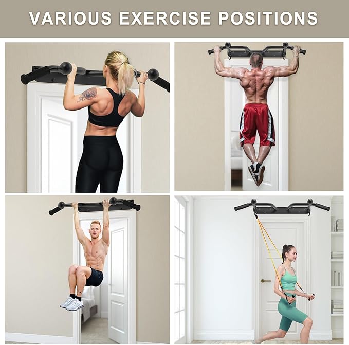 Pull Up Bar Wall Mount 440 LBS Capacity Doorway Chin Up Bar Multifunctional Steel Chinup Bar with with Resistance Band Hooks for Indoor Home Gym Garage