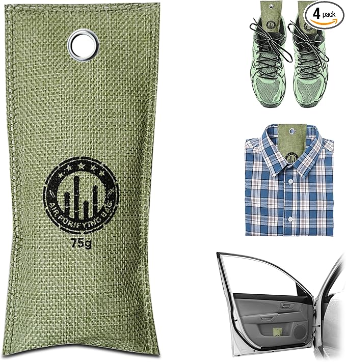 4 Pack charcoal odor absorber,Bamboo Charcoals Air Purifying Bag Charcoals Deodorizer Eliminator for Strong Odors in Car, Closet, Shoe, Basement (75G*4 Pack Green, Unscented)