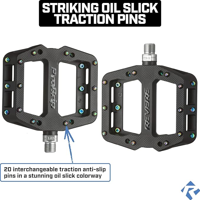 Revere Pro Grip MTB Mountain/Gravel Bike Pedals, Ultra Smooth Bearings, Non-Slip Indestructible Lightweight Nylon Composite Bicycle Platform Pedals 9/16" Spindle, Replaceable Oil Slick or Gold Pins