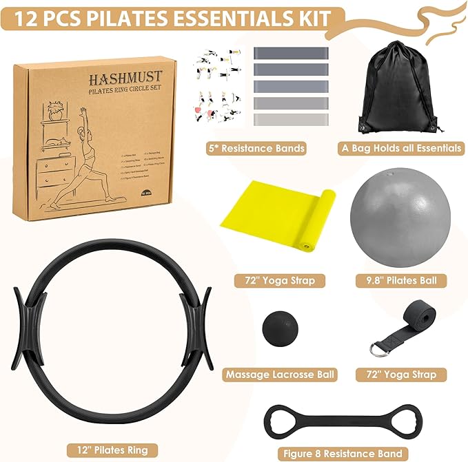 HASHMUST Pilates Ring Kit 12 PCS for Women, Home Workout Equipment with Magic Circle, Mini Exercise Ball, Resistance Bands, Massage Lacrosse, Yoga Strap, Full-Body Fitness Set for Toning & Gift