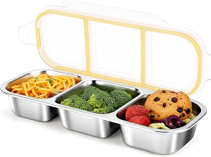 Stainless Steel Snack Containers, Reusable Snack Containers with Lids Stainless Steel Lunch Box with 3 Compartment Divided Food Storage for Home Work Travel Outdoor Camping (Yellow 1 Pack)