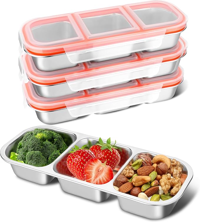 4 Pack Stainless Steel Snack Containers, 3 Compartment Food Container, Compartment Food Storage Box with Lids, Stackable Leakproof Divided Lunch Containers for Kids, Adults for School, Work, Travel