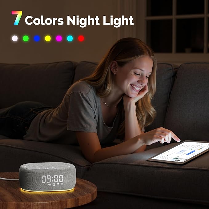 1Mii White Noise Sound Machine for Sleep, Pink Noise Machines for Baby Adults Sleeping, 18 Soothing Sounds with 7-Color Night Light, Timer, Alarm Clock, 16 Volume Levels, Remote App Control - Grey