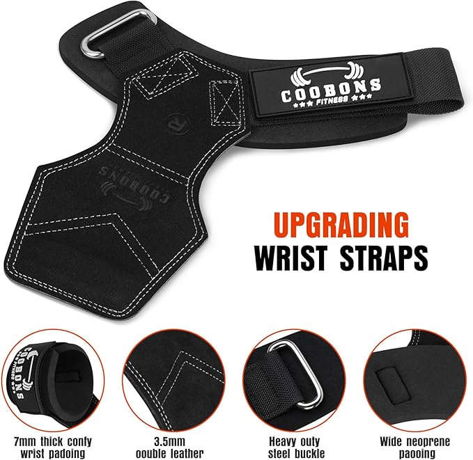 Lifting Wrist Straps for Weightlifting, Double Layer Leather for Weight Lifting Wrist Wraps, Deadlifts, Heavy Powerlifting and Adjustable Wrist Hooks for Strength Training, Gym Workouts Men/Women