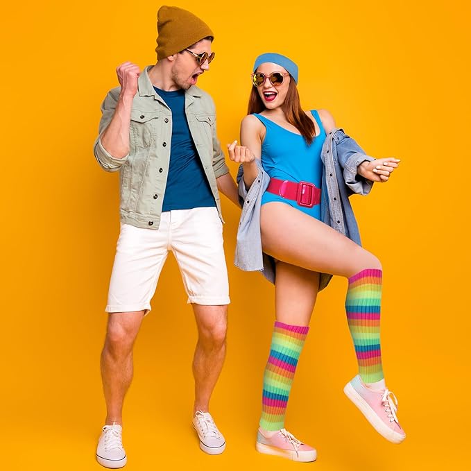 Women Girls 80s Workout Costume Set Rainbow Leg Warmers Pink Belt Blue Sweatband Neon Outfit Accessories for Halloween