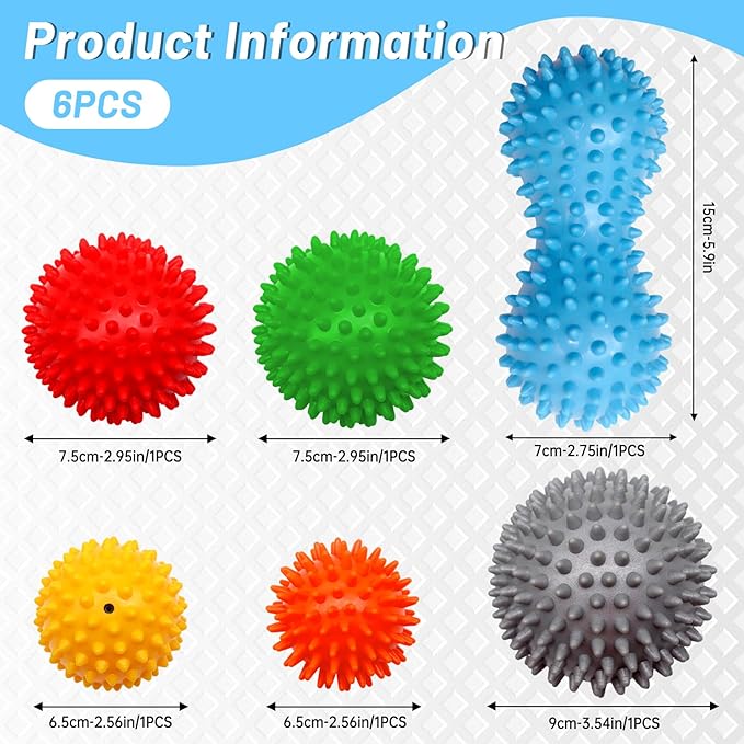 6-Pack Spiky Massage Balls Set, Hard/Medium/Soft Textured Muscle Roller Balls for Plantar Fasciitis Relief, Myofascial Release, Foot Pain and Muscle Tightness, Acupressure and Stress Relief