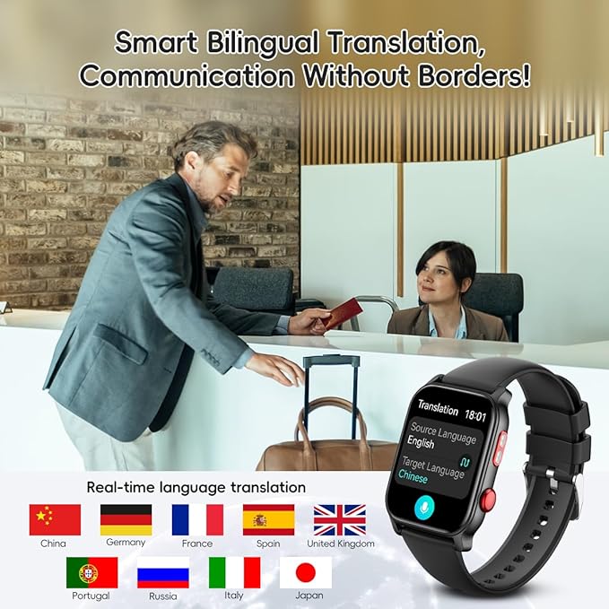 QTLLBT 9 Languages Translation Watch Smart Watch Bluetooth Call (Answer/Make Calls) Fitness Tracker IP68 Waterproof 100+ Sports Heart Rate Sleep Android iPhone Men and Women Smart Watch (Black)