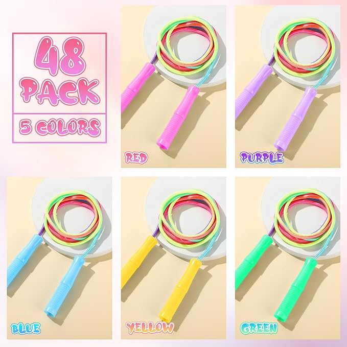 48 pcs Jump Rope Bulk for Kids 7.22 ft Adjustable Gradient Rainbow Color Skipping Rope Outdoor Exercise Fitness Equipment for Back to School Class Playground Activities Set