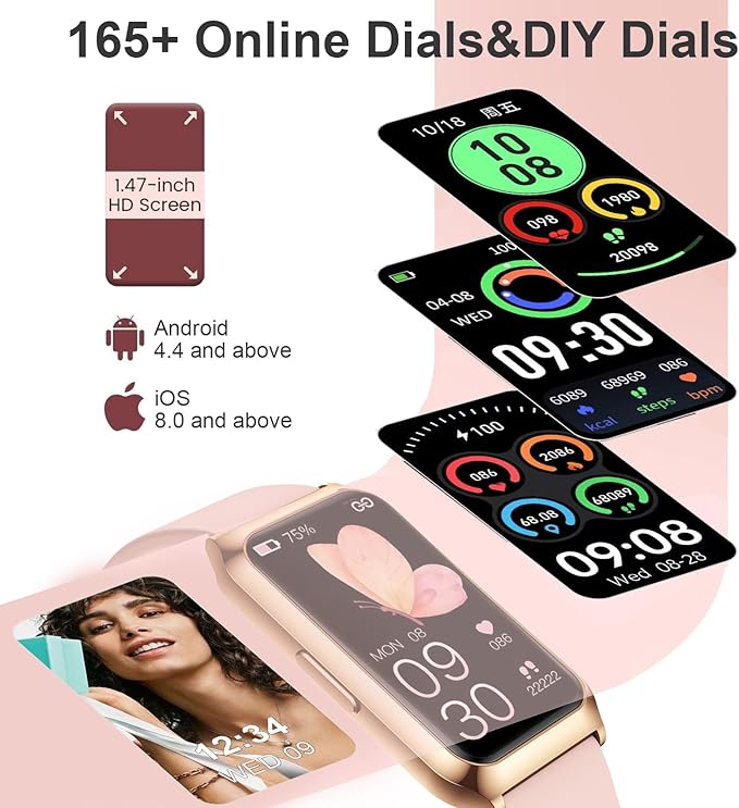 GADIXY Smart Watch,Fitness Tracker Watch 7 Day+ Battery with Heart Rate/Step Counter/Calories/SPO2/Sleep Monitor,IP68 Fitness Smart Watches for Women (Rosegold, 1.47inch)