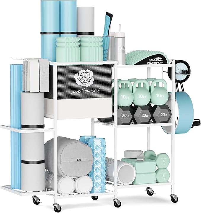 Yoga Mat Storage Rack,Home Gym Storage Rack Gym Workout Equipment Storage Organizer Fitness Weight Rack on Wheels for Yoga Mat,Yoga Block,Foam Roller,Resistance Band,Dumbbell,Kettlebell and Other Workout Accessories