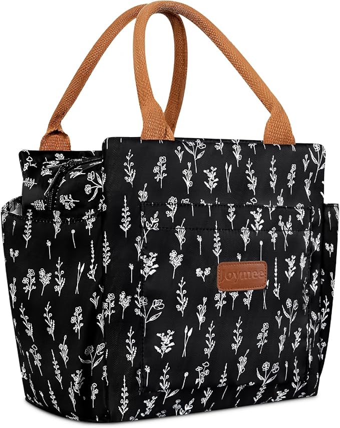 Joymee Lunch Bag Women Insulated Lunch Box Reusable Leakproof Large Cooler Tote for Womens Mens Adults with Bottle Holder and Side Pockets for Work Office Picnic - White Little Flowers